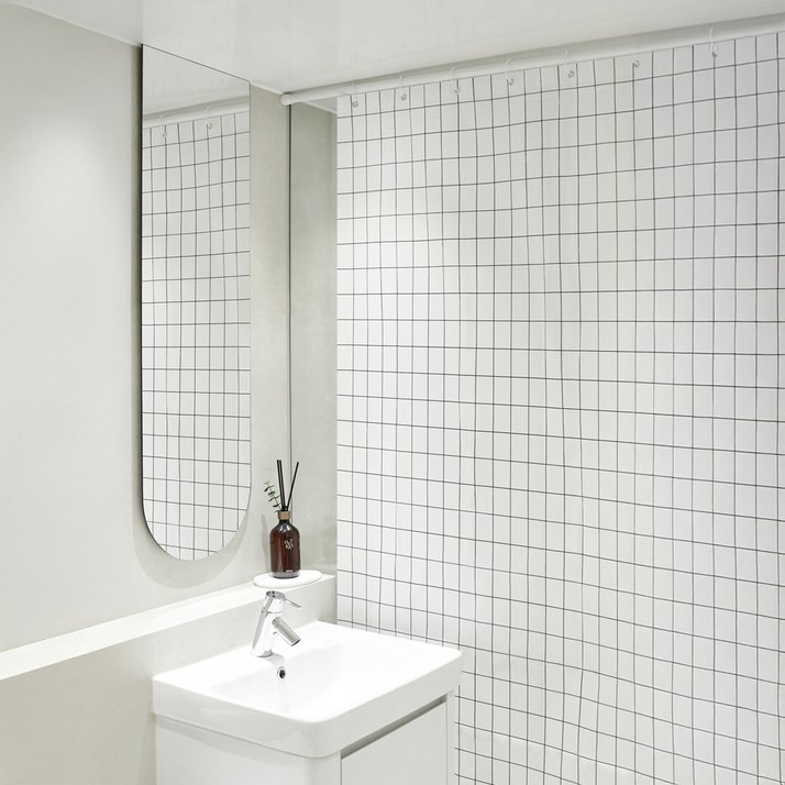 까사마루 방수 샤워 커튼  커튼링 12p  샤워봉 세트, 체크커튼, 1세트