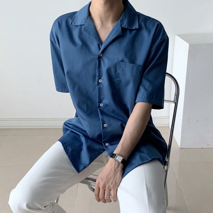 엘엑스티 남성용 오픈카라 오버핏 트윌 반팔 셔츠