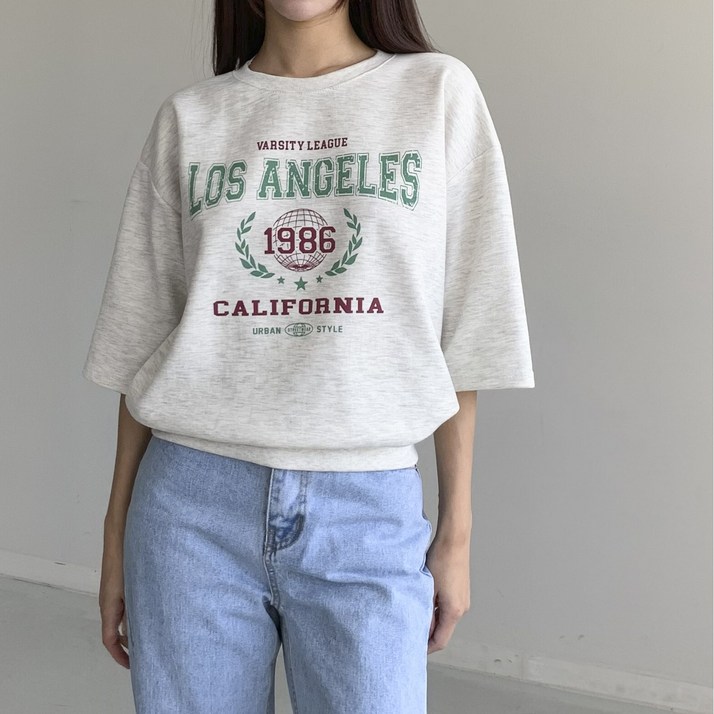 행복여 리그 레터링 루즈핏 맨투맨 7부 반팔 티셔츠