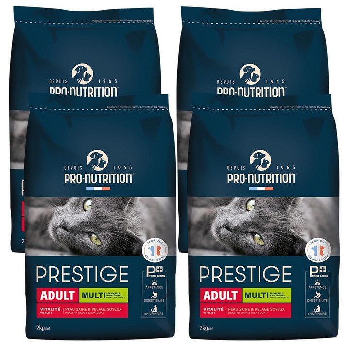 (유통기한 2609 특가) 프레스티지 캣 멀티 어덜트 기호성 좋은 고양이 건식 사료 성묘 전연령, 2kg, 4개