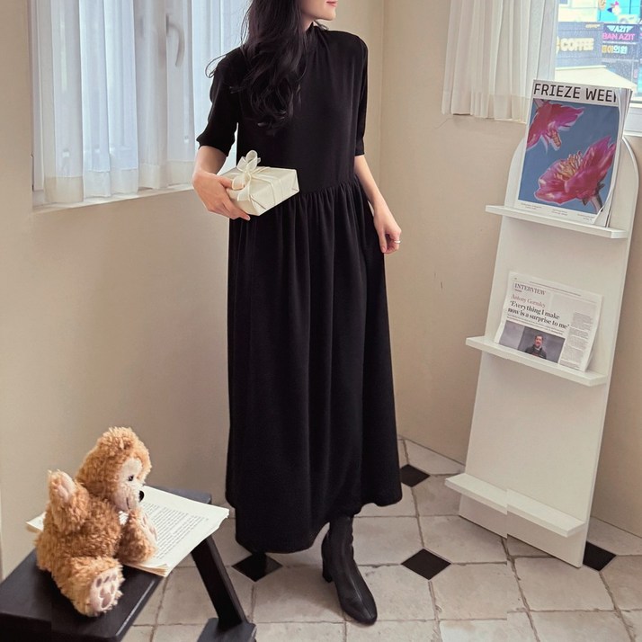 로로텐 반하이넥 레이어드 반팔 롱 원피스 무지 A라인 여성 빅사이즈