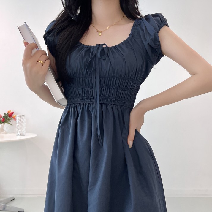 투디 발레핏 리본 프릴 퍼프 오프숄더 밴딩 스모크 롱원피스, 3컬러