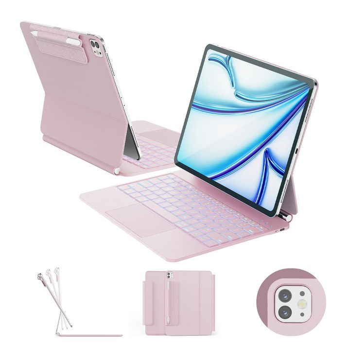 한국형 매직 키보드, 아이패드 에어 13 (M3/M2), 아이패드 프로 12.9 (6/5/4/3세대), 11색 백라이트 키+트랙패드, 방오염 가죽, 핑크, 1개