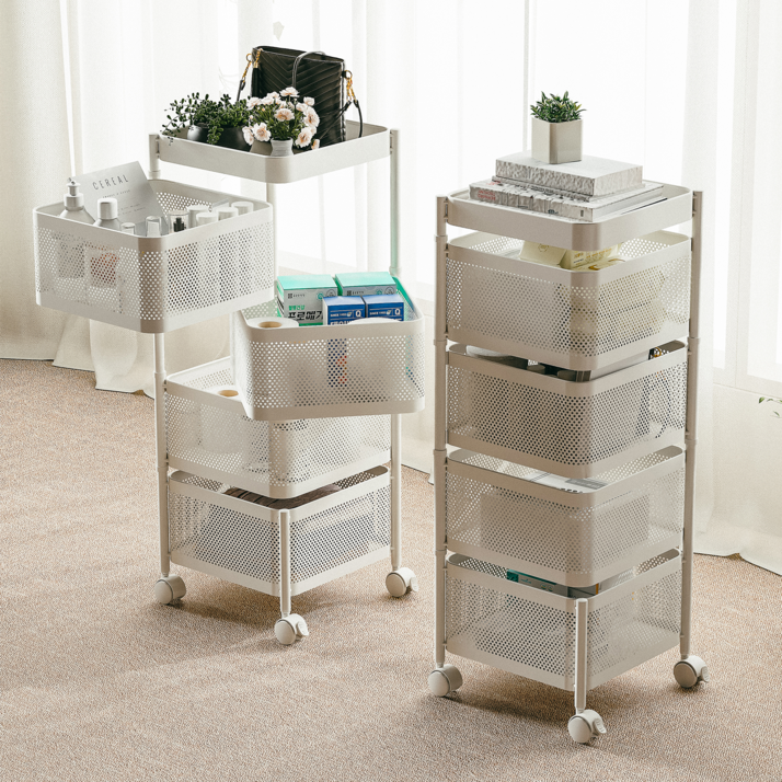 라즈웰 이동식 트롤리 수납함 회전 철제 수납장, 화이트, 4단