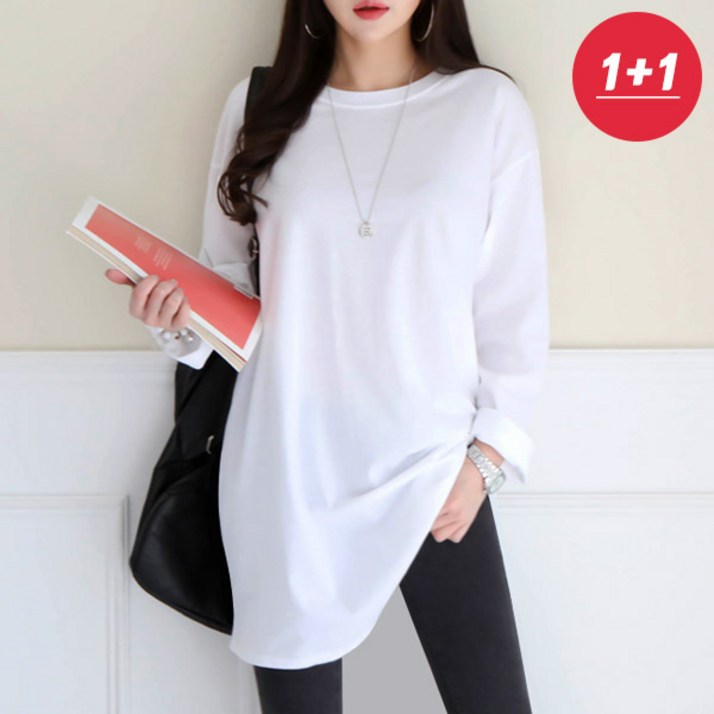 여성용 빅사이즈 오버핏 롱티 무지티 레이어드 이너 데일리룩 신상 루즈핏 라운드 베이직