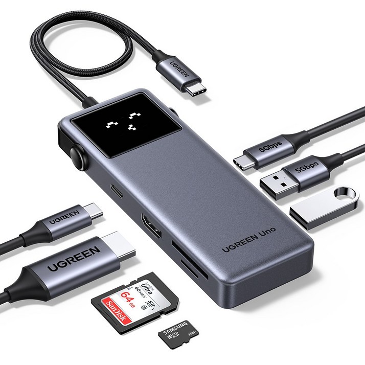 유그린 UNO 클릭 7in1 C타입 4K 60Hz HDMI PD SD TF 카드 리더기 USB 멀티허브 독 미러링 On Off 기능, 1개, 그레이