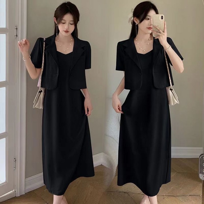 Asure 여자 여름 원피스 무지 민소매 롱 원피스 반팔 자켓 정장 투피스