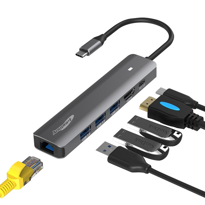 애니포트 6포트 C타입 맥북 PD 충전 삼성 덱스 연결 멀티포트 USB 허브 APTC61PUL, 혼합색상, 1개 애니포트 6포트 C타입 맥북 PD 충전 삼성 덱스 연결 멀티포트 USB 허브 APTC61PUL, 혼합색상, 1개