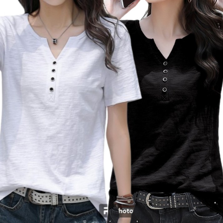셀리나에스 여성 브이넥 단추 포인트 반팔 면 티셔츠 2종