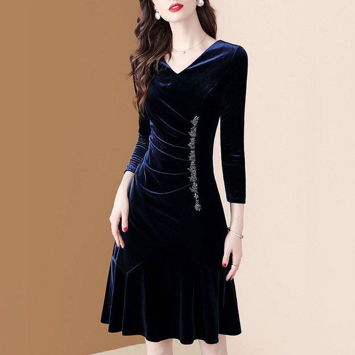 FANSYLI 여성 봄가을 신상 브이넥 골드 벨벳 원피스 기질이 반짝이는 날씬한 머메이드 스커트 벨벳 드레스 W8A16