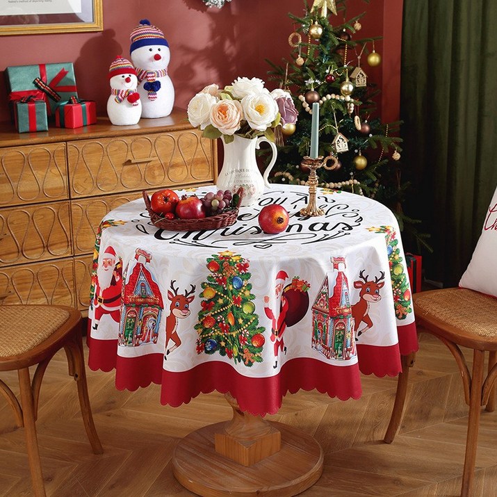 뷰라뷰 크리스마스 체크 테이블보 원형 식탁보, 120×120, 레터링