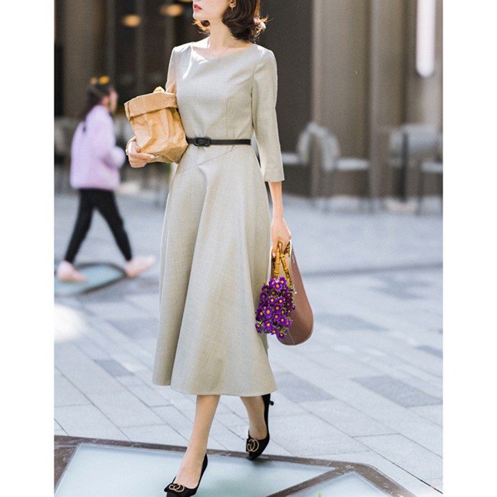 봄 가을 보트넥 라운드넥 7부 8부 미디길이 A라인 허리벨트 하객룩 정장룩 행사룩 드레스 원피스