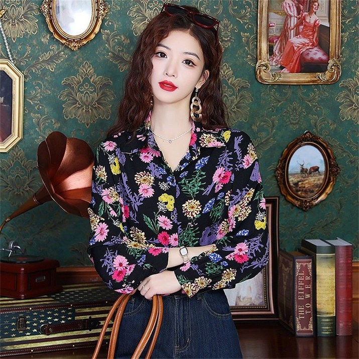 besteffie 하객룩블라우스 여성용 화려한 꽃무늬 긴팔 셔츠 캐주얼 봄 가을 패션 블라우스 E55 besteffie 하객룩블라우스 여성용 화려한 꽃무늬 긴팔 셔츠 캐주얼 봄 가을 패션 블라우스 E55