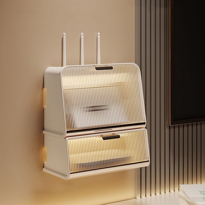 라라공방 인테리어 무타공 모던 멀티탭 셋탑박스 정리함 2단, 투명 + 오프화이트, 1개