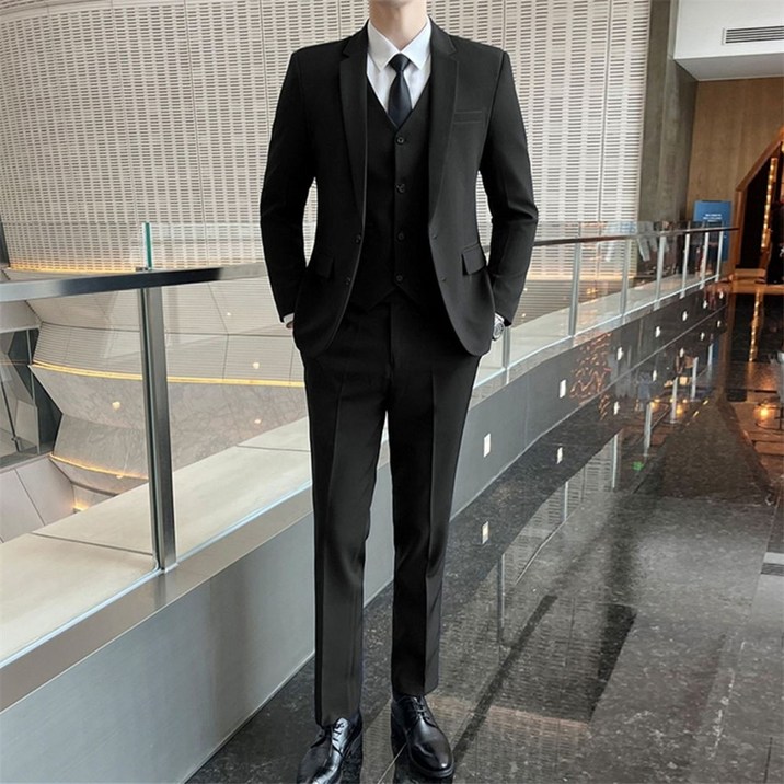 남성 정장 세트 투버튼 자켓 캐주얼 수트 하객룩 면접 결혼식 블랙수트 5피스 코트+바지+조끼+화이트셔츠+넥타이 세트