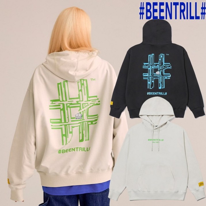 빈트릴 BEENTRILL 빈트릴8비트 해시태그 오버핏 후드티 BA241HM003