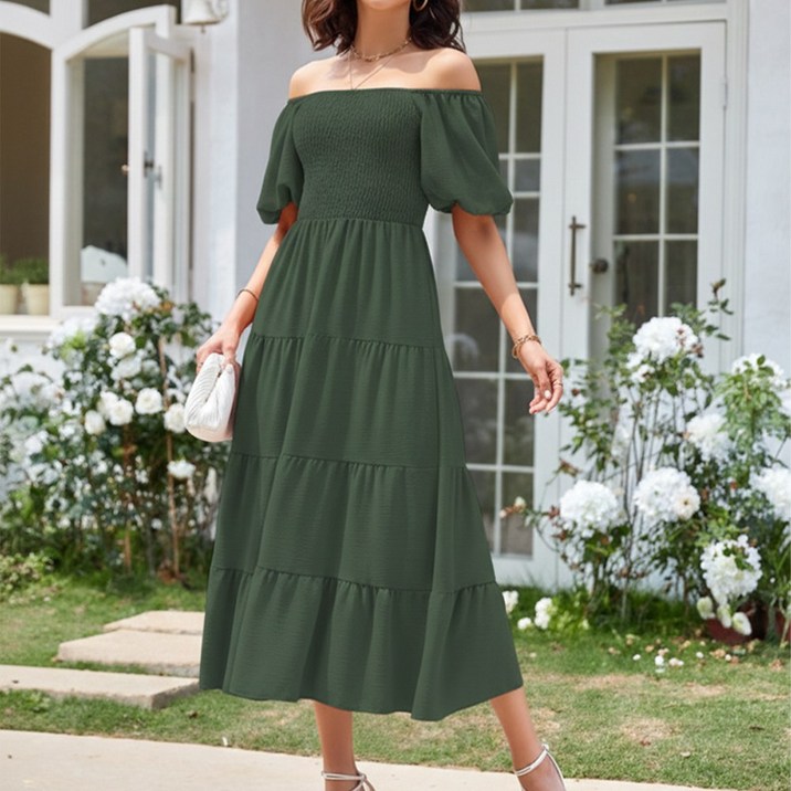 UPPERCUT 여성 스퀘어넥 스모크 밴딩 퍼프 소매 캉캉 롱 원피스