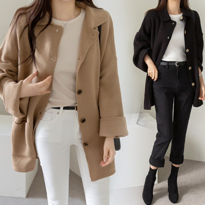 바이단미 MADE 여성용 니트 코트 두꺼운 롱 오버핏 루즈핏 빅사이즈 카라 가디건 자켓