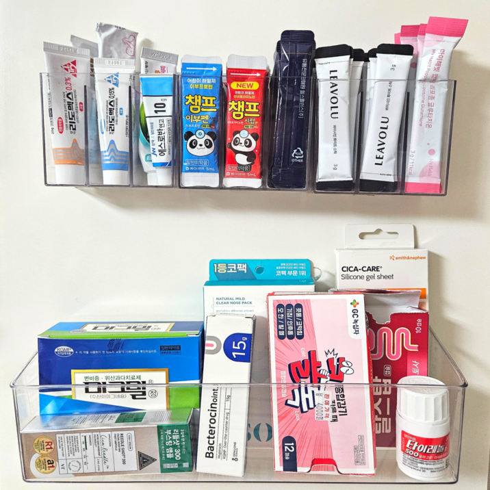 유니데이 접착 부착식 공중부양 칸막이 멀티 약 정리함, 1개, 투명대형+투명소형3