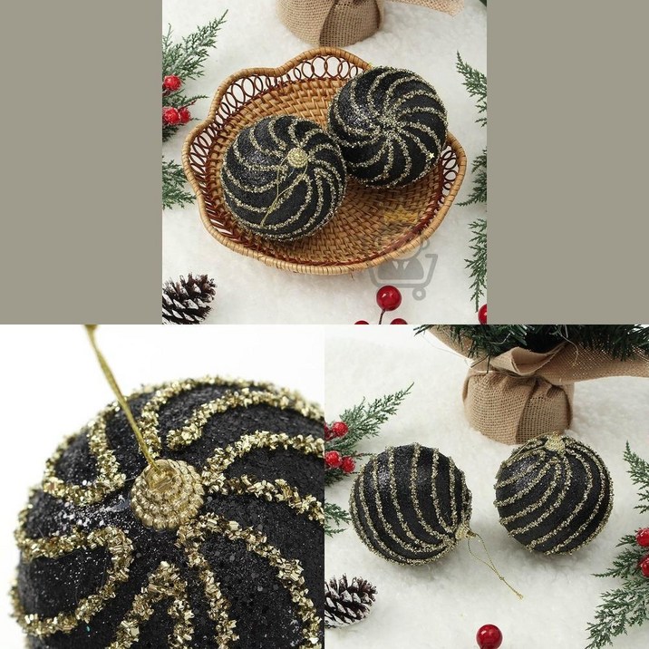 마켓보스야 블랙시크 글리터 장식볼 2개 10cm 반짝이회오리 크리스마스오나먼트