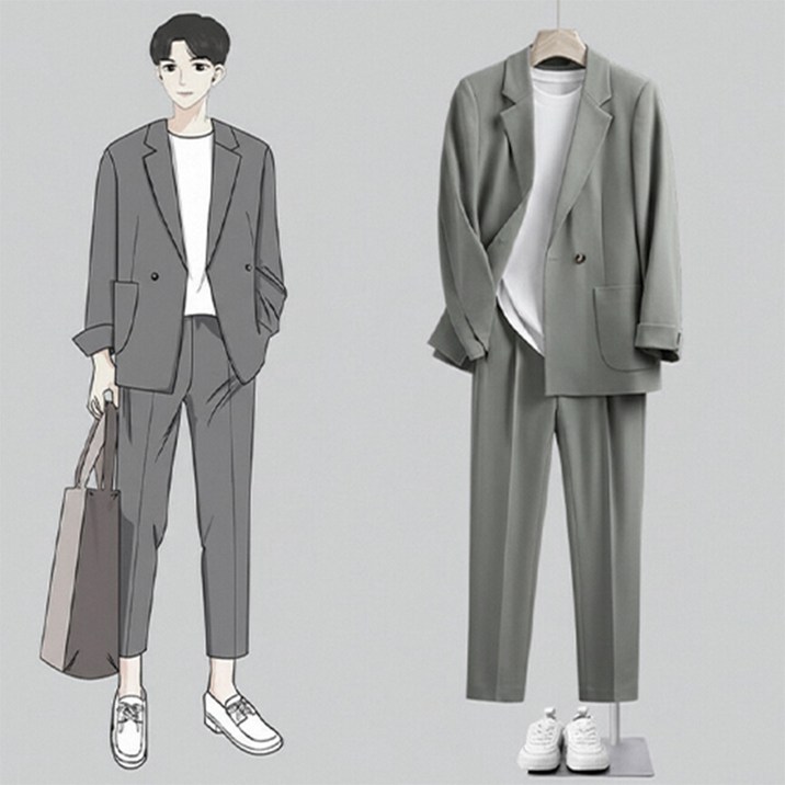 AOUGK 남성 캐주얼 정장세트 오버핏 롱정장 자켓 + 정장 바지 상하세트 빅사이즈 양복 투피스 면접복