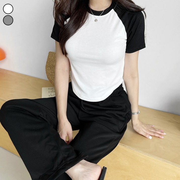 가비진 여성용 시원하고 스판 쫀쫀한 배색 나그랑 크롭 반팔 티셔츠 반소매 래글런 반팔티 여름 기본티