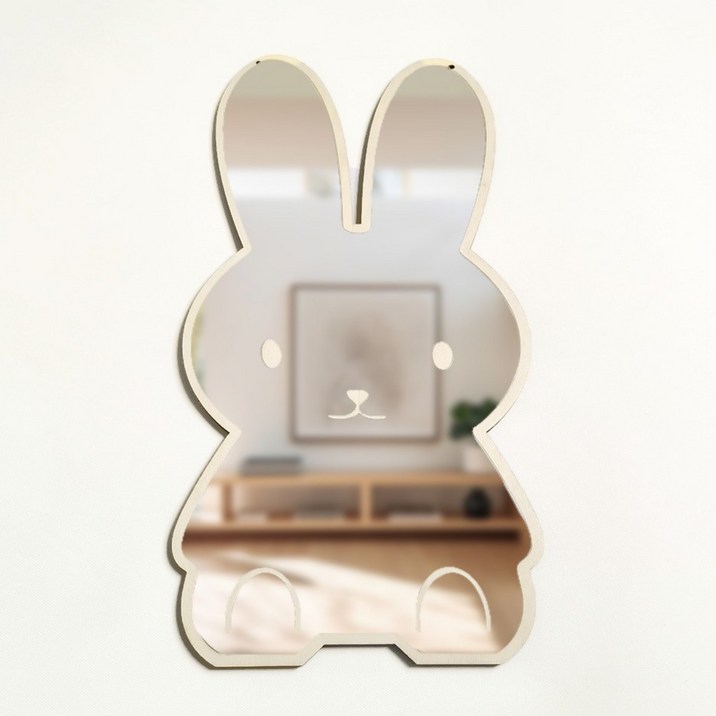 이지유 어린이 아크릴 안전 거울 무타공 부착식 아이방 벽거울 어린이날 선물, 우드형 웃는 토끼 35X18.5