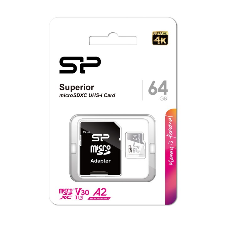 실리콘파워microSDXC Superior C10 UHSI U3 A2 V30 64GBSP064GBSTXDA2V20SP 