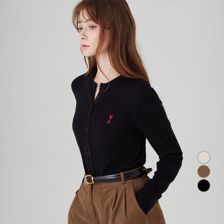 ELLE PARIS 여성용 로고 자수 라운드넥 기본 가디건