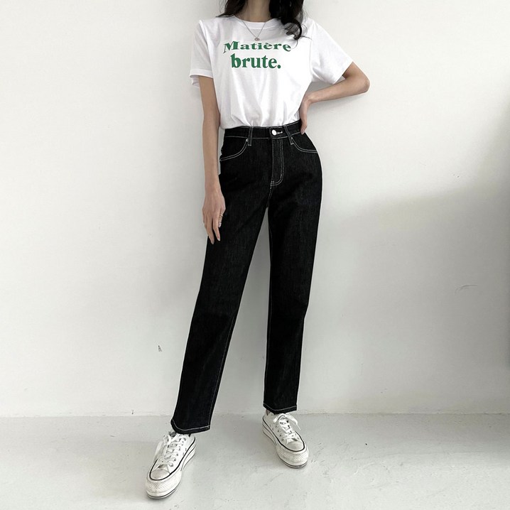 플랜데이 여성용 논페이드 생지 보이핏 스판 데님 팬츠 미디움