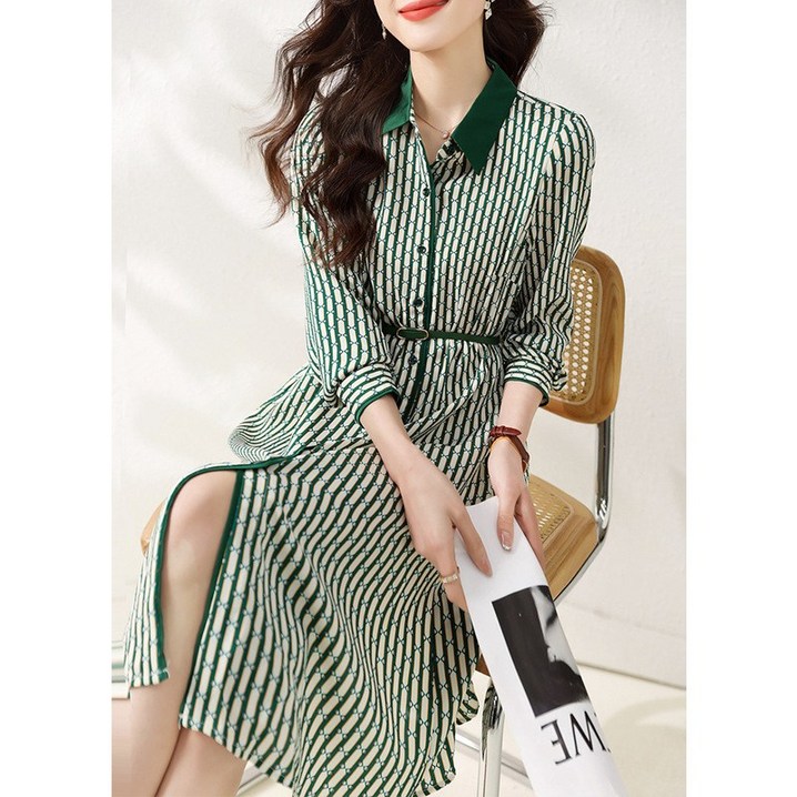 피치레이디 그린체인 카라 셔츠원피스