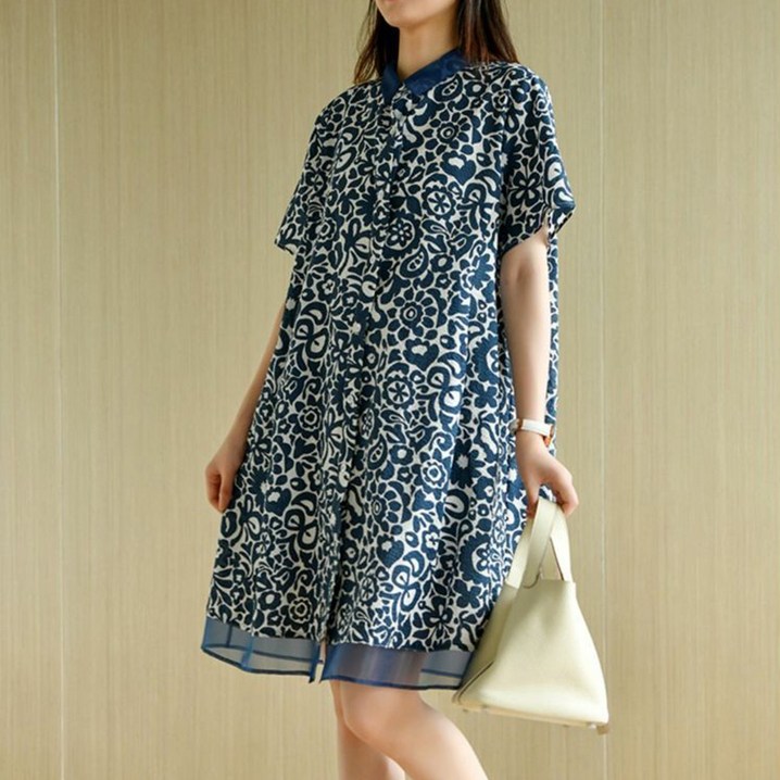 ORZQU 여름 여성 캐주얼 루즈핏 H라인 프린트 셔츠 원피스 오간자 패치 미디 스커트
