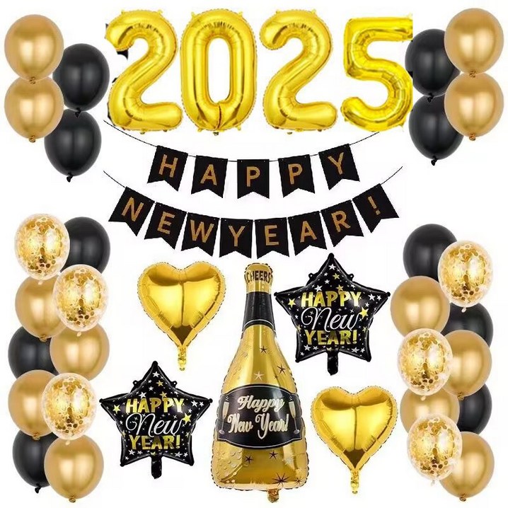 지엠앤 헤피뉴이어 헬로우 2025년 풍선 10종세트 연말 파티 용품, 1개, 2025년해피뉴이어풍선세트골드