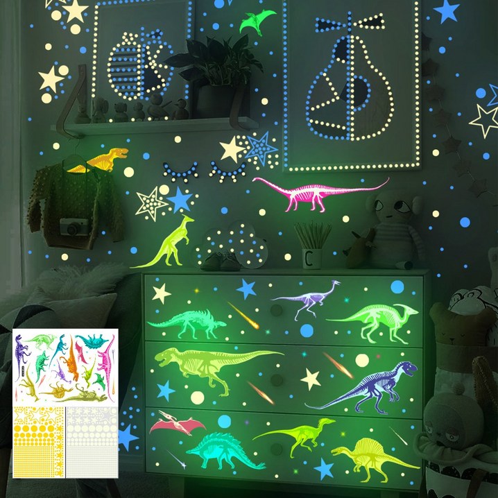 데이즈인 공룡 야광스티커 방꾸미기 인테리어 원룸꾸미기 데코 창문 벽지 천장 포인트 시트지 환타스틱스, 공룡과 노랑별