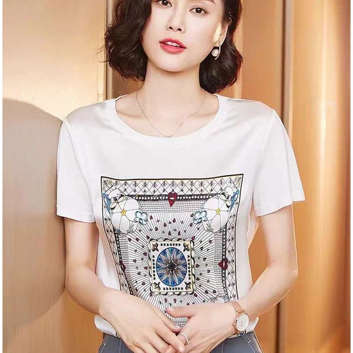 엠에스엠 여성 실크 면 반팔 티셔츠 라운드 흰색 블라우스 실크촉감 반소매티