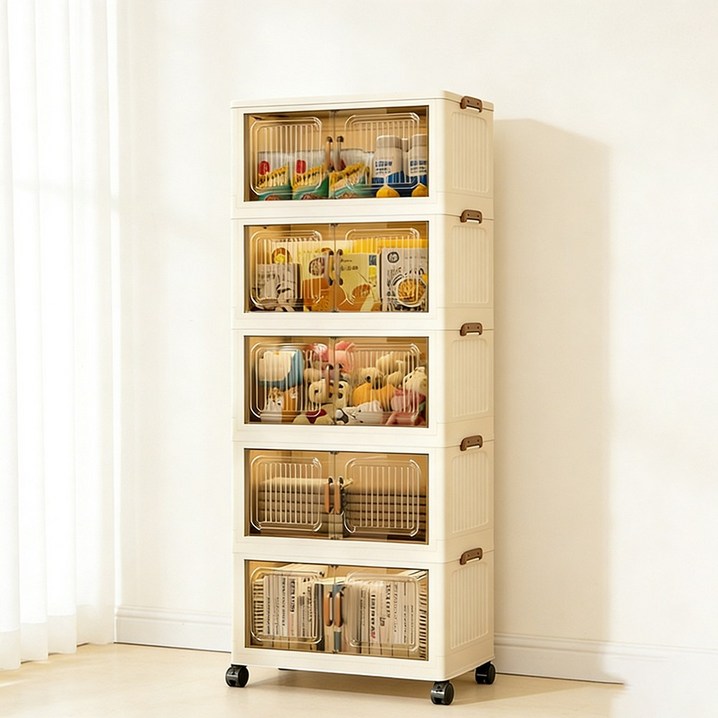 Frokom 이동식 폴딩 수납장 폭 55cm 리빙박스 접이식 바퀴 수납함 다용도 정리함, 투명 갈색