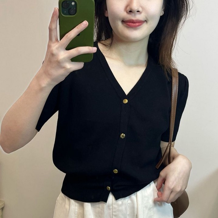 블랙 아이스 니트 반팔 티셔츠 여여름 브이넥