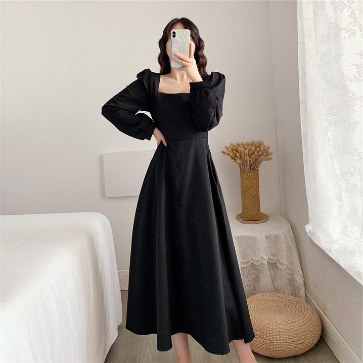 한그래 플리츠원피스 하객룩 a라인 아노락 봄 스퀘어넥 롱원피스 A라인플리츠원피스