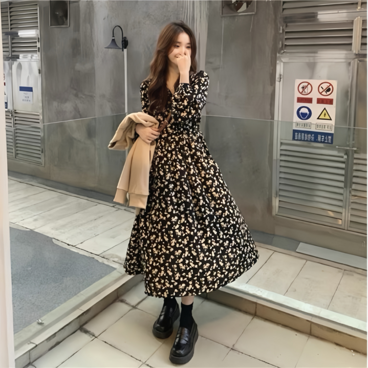 POMTOR 여성 플라워 원피스 긴팔 A라인 허리밴딩 빅사이즈 데일리룩