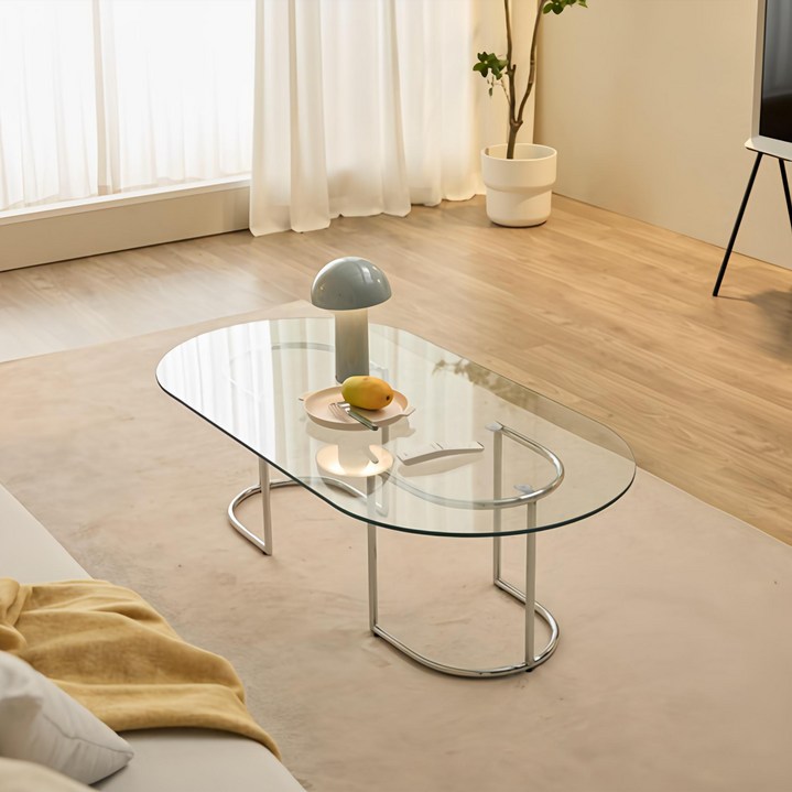 [방문설치] 클린 강화유리 거실테이블 타원형 소파테이블 1000 1200 2size