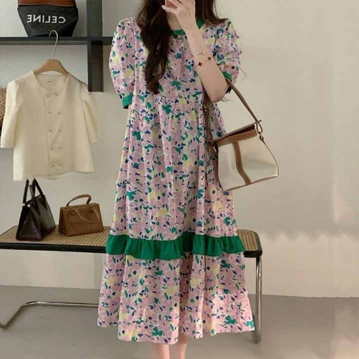 반팔 플라워 꽃무늬 롱원피스 프림OPS 반팔 플라워 꽃무늬 롱원피스 프림OPS