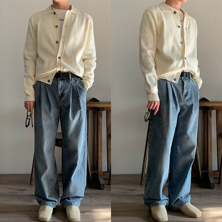 남자 사계절 핀턱 워싱 와이드 데님팬츠 남성용 청바지 4colors