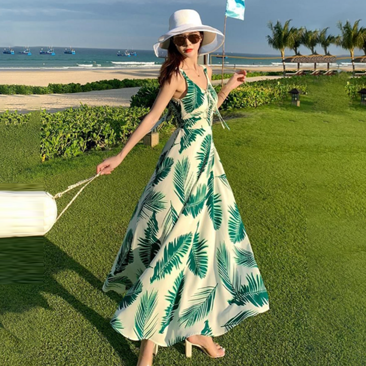 besteffie 휴양지원피스 여성용 여름 휴양지룩 식물 패턴 롱 원피스 V넥 민소매 드레스 E28