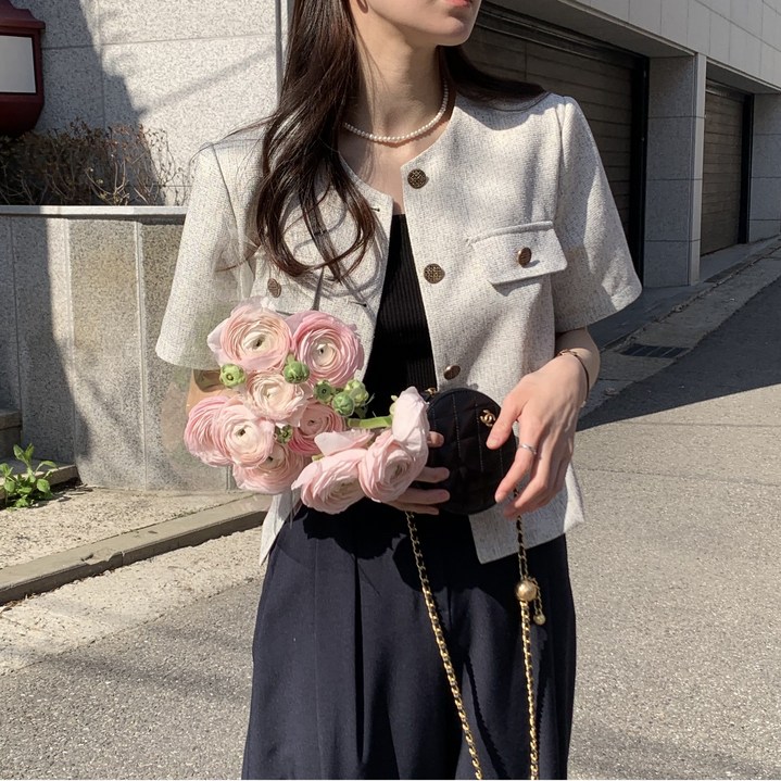 (자체제작)루어스룸 젤리 봄 여름 루즈핏 하객룩 포켓 라운드넥 빅사이즈 반팔 린넨자켓 숏 트위드 트위드 자켓