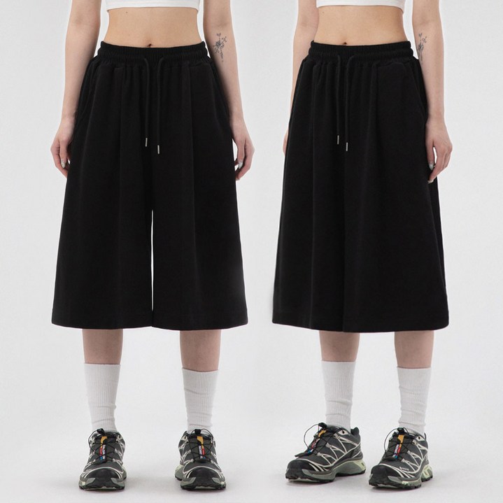  3colors  국내생산 프리노어 남녀공용 데일리 원턱 와이드 8부 버뮤다 반바지 트레이닝 밴딩 쇼츠