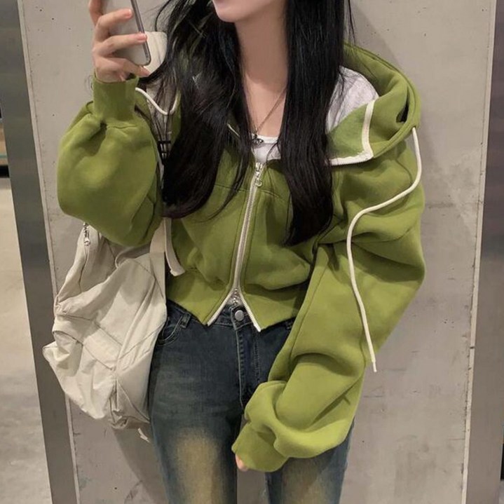 더블공주 꾸안꾸 긴소매 기모 크롭 집업 후드티