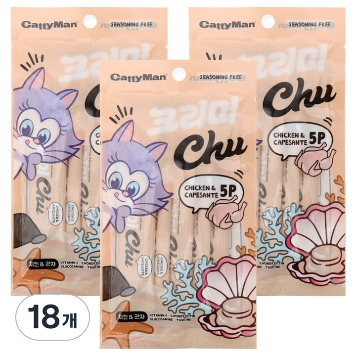 캐티맨 고양이 크리미츄 간식 5p, 혼합맛(치킨 + 관자맛), 18개, 60g