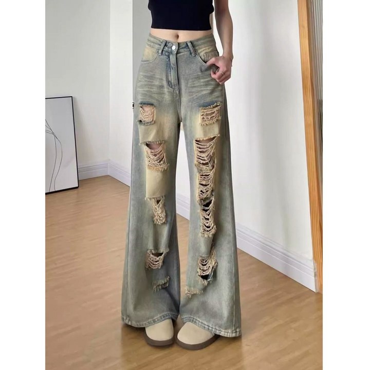 여성 찢어진 데님 긴바지 미국 복고풍 빈티지 하이웨이스트 슬림 통 넓은 청바지 LCL