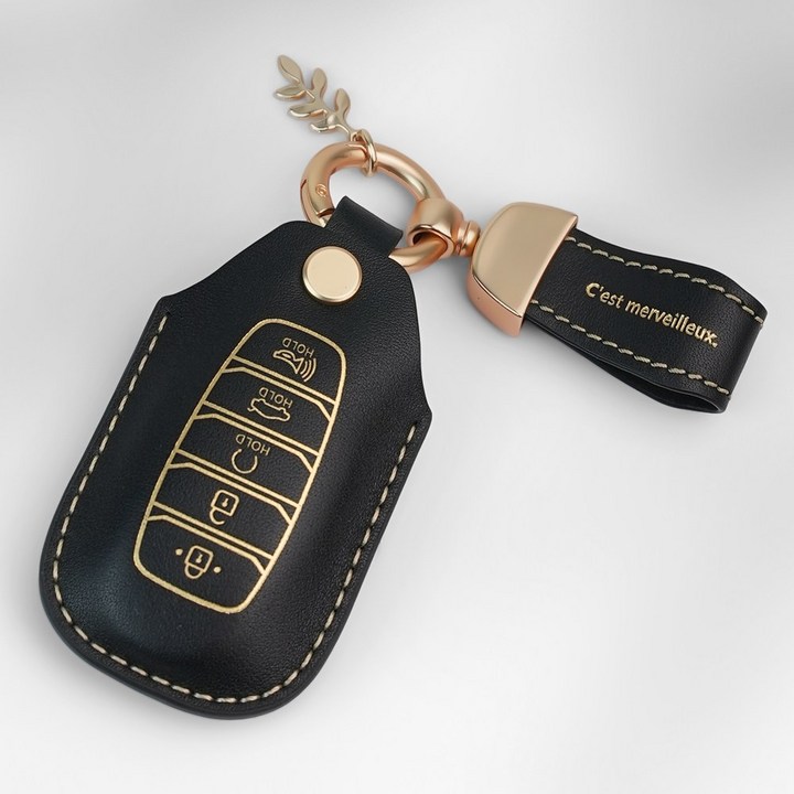 MODACE 현대 호환 소가죽 자동차 키케이스 4버튼5버튼,  가죽 스트랩, 5버튼 블랙