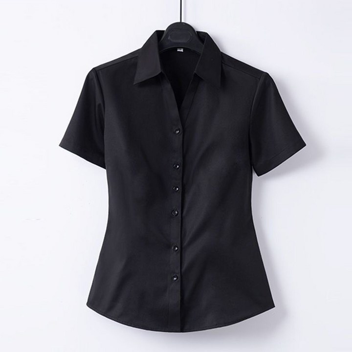 여성용 빅 사이즈 브이넥 면접 유니폼 남방 심플 슬림핏 블라우스 반팔셔츠 뉴타임즈 02CW2502